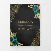 エメラルドフローラ金ゴールドレースQRコードブラック結婚ズ 三つ折り招待状 (カバー)