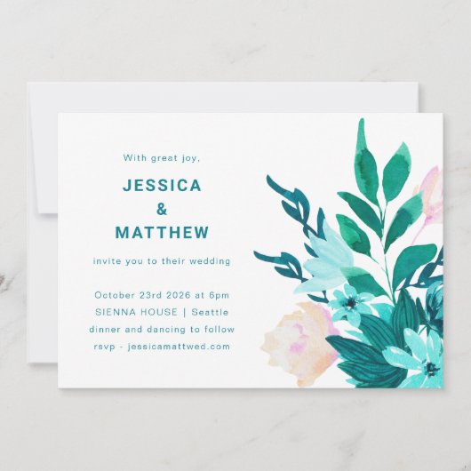 エメラルドブルーウォーターフローラミニマル結婚リスト 招待状 (正面)