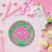 エメラルドホットピンク名門私立校風のパッチワークマドラスモノグラム ペーパープレート (パーティー)