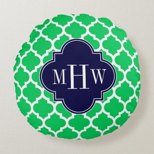エメラルドホワイトモロッコ#5ネイビー3イニシャルモノグラム ラウンドクッション (正面)