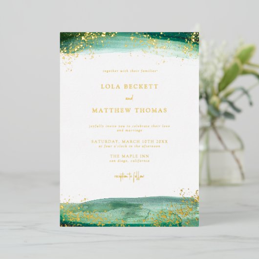 エメラルドモダンウオーターカラー結婚式招待状箔 箔招待状 (立ち正面)