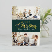 エメラルドモダングリーンフォトコラージクリスマス金ゴールド 箔シーズンカード (立ち正面)