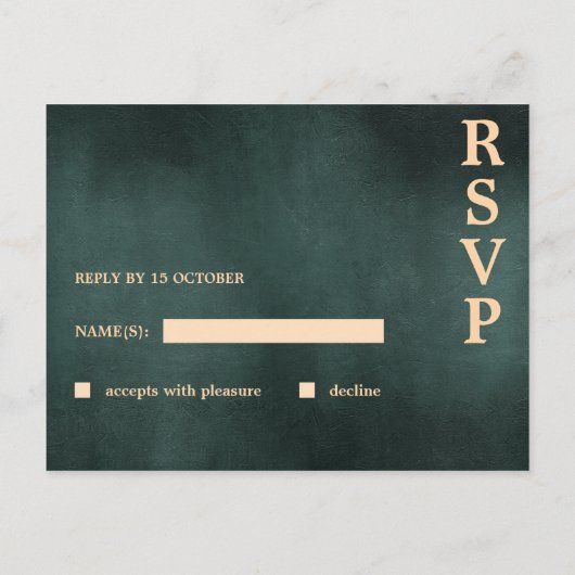 エメラルドモダングリーンブラックエレガントウェディングRSVP シーズンポストカード (裏面)