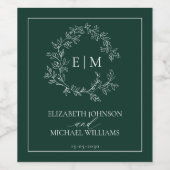エメラルドモダングリーンリーフィクレストモノグラム結婚ズ ワインラベル (シングルラベル)