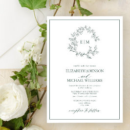 エメラルドモダングリーンリーフィクレストモノグラム結婚ズ 招待状