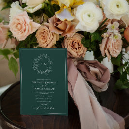 エメラルドモダングリーンリーフィクレストモノグラム結婚ズ 招待状