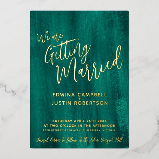 エメラルドモダングリーン抽象芸術絵を描ア結婚ート 箔招待状 (正面)