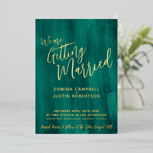 エメラルドモダングリーン抽象芸術絵を描ア結婚ート 箔招待状 (立ち正面)