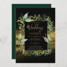 エメラルドモダングリーン金ゴールドの緑の結婚式の招待