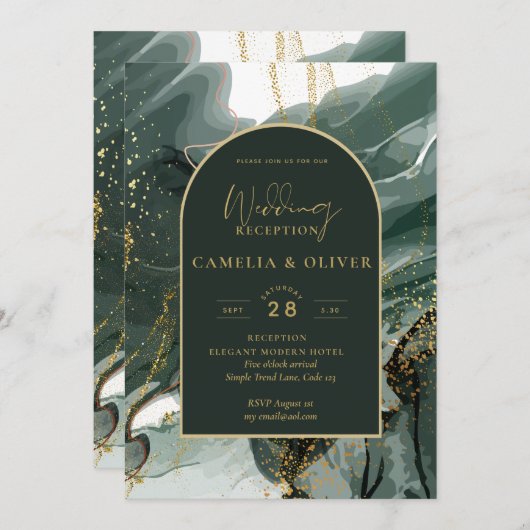 エメラルドモダングリーン金ゴールドアゲートウェディングレセプション 招待状 (正面/裏面)