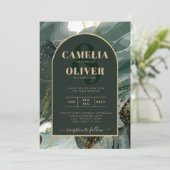 エメラルドモダングリーン金ゴールドアゲートマーブル結婚ズ 招待状 (スタンド正面)