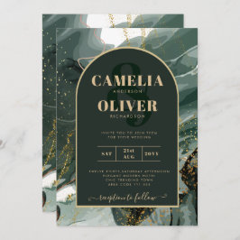 エメラルドモダングリーン金ゴールドアゲートマーブル結婚ズ 招待状