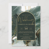 エメラルドモダングリーン金ゴールドアゲートマーブル結婚ズ 招待状 (正面)