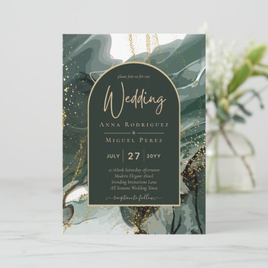 エメラルドモダングリーン金ゴールドアゲートマーブル結婚ズ 招待状 (スタンド正面)