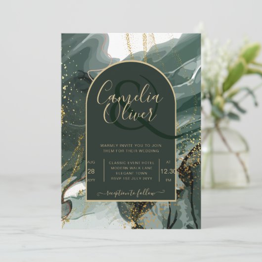 エメラルドモダングリーン金ゴールドアゲートマーブル結婚ズ 招待状 (スタンド正面)