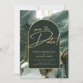 エメラルドモダングリーン金ゴールドアゲートマーブル結婚ズ 招待状 (正面)