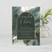 エメラルドモダングリーン金ゴールドアゲートマーブル結婚ズ 招待状 (スタンド正面)
