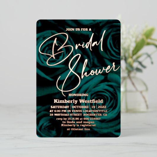 エメラルドモダングリーン金ゴールドグラマーブライダルシャワー 箔招待状 (立ち正面)