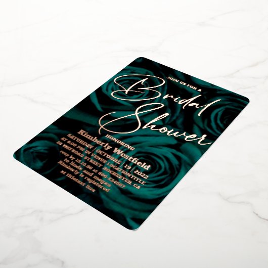 エメラルドモダングリーン金ゴールドグラマーブライダルシャワー 箔招待状 (回転した状態)