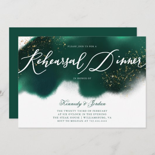 エメラルドモダングリーン金ゴールドグリッターリハーサルディナー 招待状 (正面/裏面)