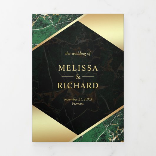 エメラルドモダングリーン金ゴールドマーブルアンパサンド結婚ズ 三つ折り招待状 (カバー)