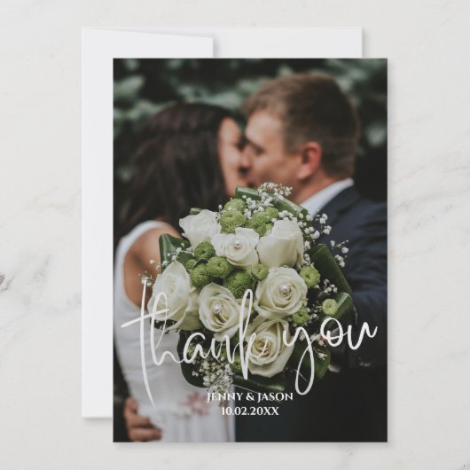 エメラルドモダンスクリプトフォトサンキューカード 案内状 (正面)