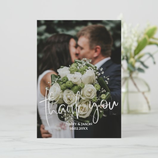エメラルドモダンスクリプトフォトサンキューカード 案内状 (スタンド正面)