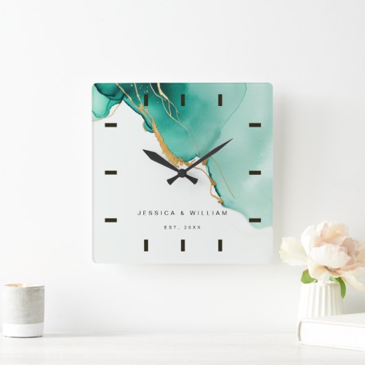 エメラルドモダンビーチ結婚式記念日キープサケ スクエア壁時計 (ホーム)