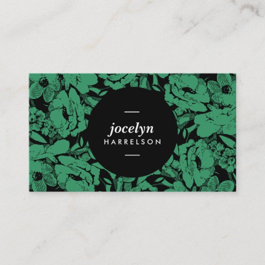エメラルドモダンフラワーズブラックサークルビジネスカード 名刺 (正面)