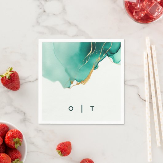 エメラルドモダン金ゴールドティール(緑がかった色)モノグラムビーチ結婚式 スタンダードカクテルナプキン (インサイチュ)