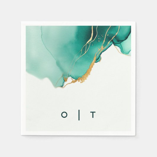 エメラルドモダン金ゴールドティール(緑がかった色)モノグラムビーチ結婚式 スタンダードカクテルナプキン (正面)