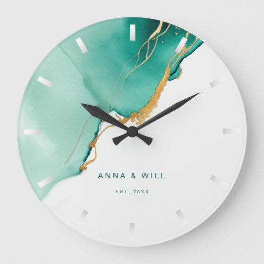 エメラルドモダン金ゴールドビーチ結婚式記念日 ラージ壁時計 (正面)