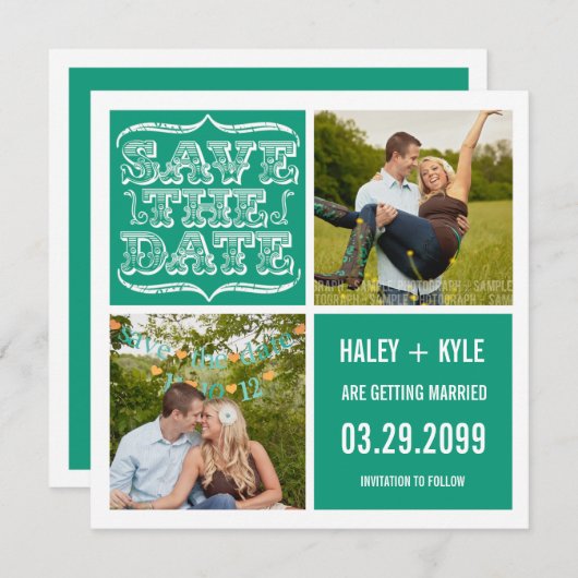 エメラルドモダン・ジェイド日付の写真カードを保存 招待状 (正面/裏面)