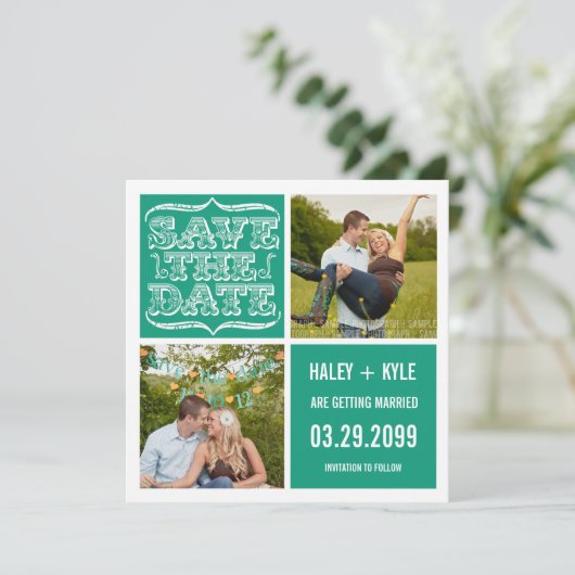 エメラルドモダン・ジェイド日付の写真カードを保存 招待状 (スタンド正面)