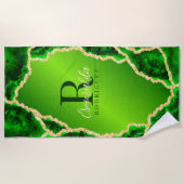 エメラルドモノグラムのグリーンと金ゴールドアガテマーブル ビーチタオル (正面)