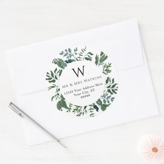 エメラルドモノグラムのフォレストの葉の差出人住所 ラウンドシール (封筒)