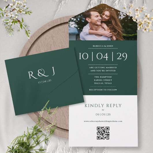 エメラルドモノグラムQRコードフォト結婚式日付 オールインワン招待状