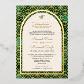 エメラルドモロッコパターンシーク結婚アーチ金ゴールド 箔招待状 (正面)