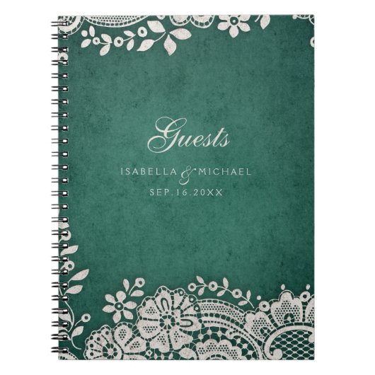 エメラルドヴィンテージレース結婚ラスティックゲストブック ノートブック (正面)