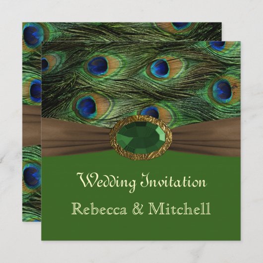 エメラルド付きクジフェイクャク結婚の羽 招待状 (正面/裏面)