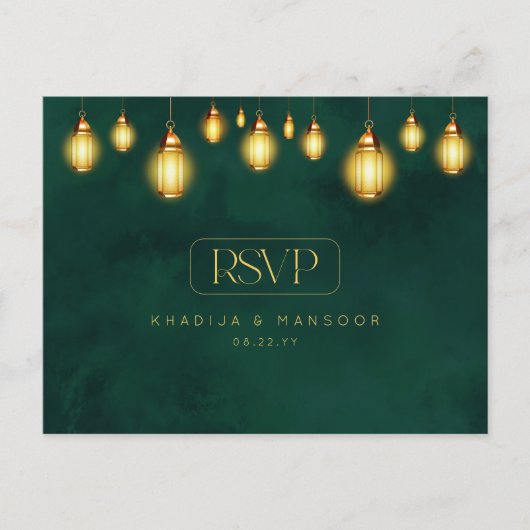 エメラルド王室のグリーンゴールデンライツウェディングRSVP ポストカード (正面)
