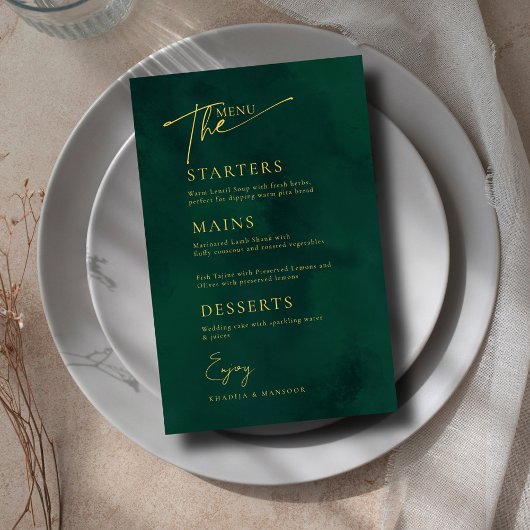 エメラルド王室のグリーン金ゴールドイ結婚スラームのメニューカード