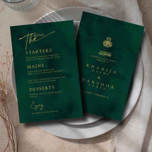 エメラルド王室のグリーン金ゴールドイ結婚スラームのメニューカード