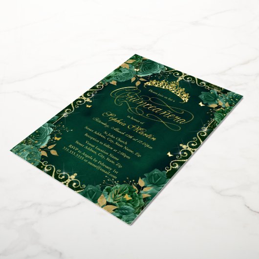 エメラルド王室の金ゴールドバタフライバラキンセアニェラ 箔招待状 (回転した状態)