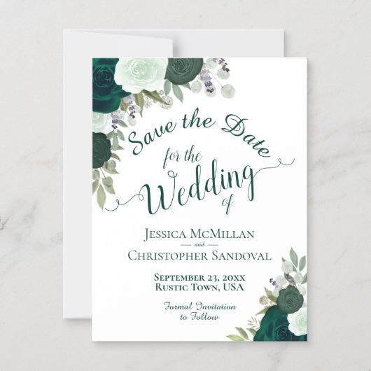 エメラルド素朴グリーンフローラ結婚式の日付を保存 マグネット招待状 (正面)