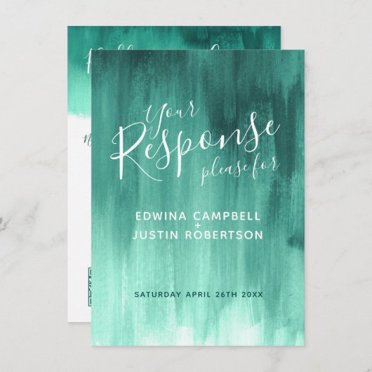 エメラルド結婚グリーン抽象芸術の返信RSVP qrコード 招待状 (正面/裏面)