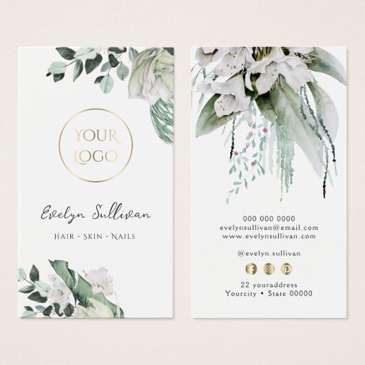 エメラルド緑の白い花のロゴ名刺 (正面&裏面)