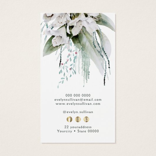 エメラルド緑の白い花のロゴ名刺 (裏面)