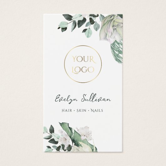 エメラルド緑の白い花のロゴ名刺 (正面)