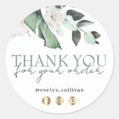 エメラルド緑の白い花感謝していおステッカー ラウンドシール (正面)